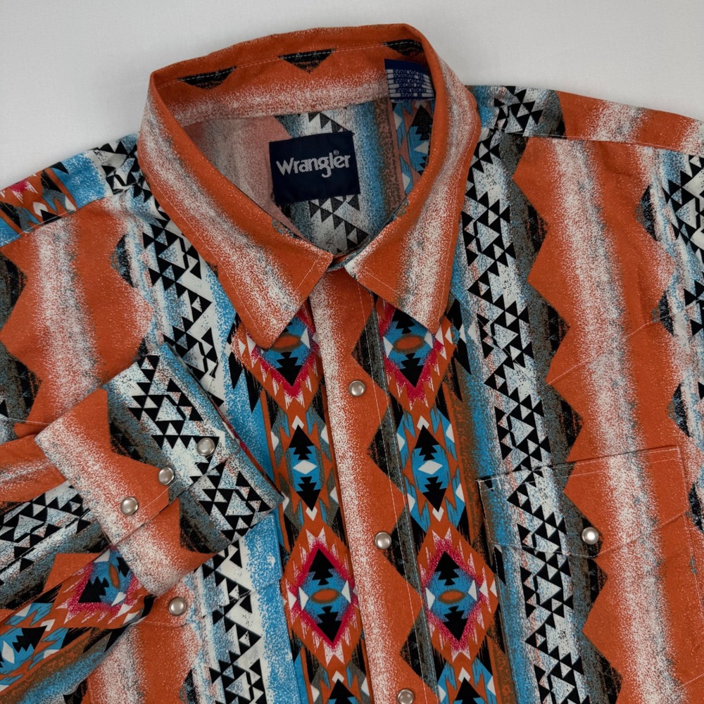 Wrangler Mens Aztec Southwestern Pearl Snap Checotah Western Shirt Orange Blue - Picture 2 of 6